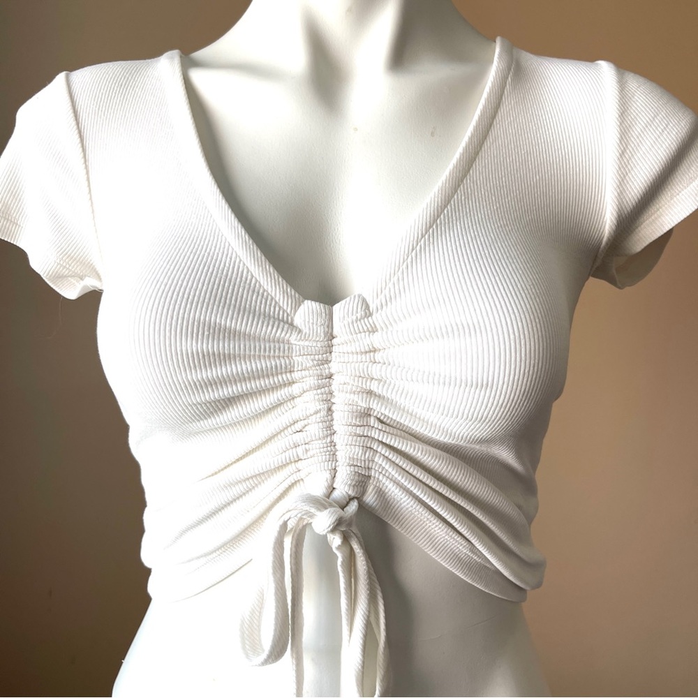 ALL SAINTS | White Ribbed Ruched Crop Top - Sz S - Picture 3 of 8